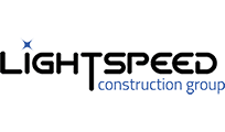 Logo for Lightspeed Construction Group, featuring a sleek design with a lightning bolt and building silhouette
