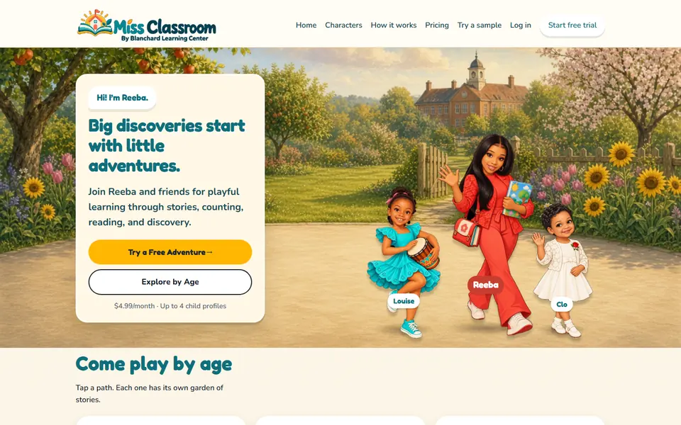 Miss Classroom homepage with playful learning adventures for children