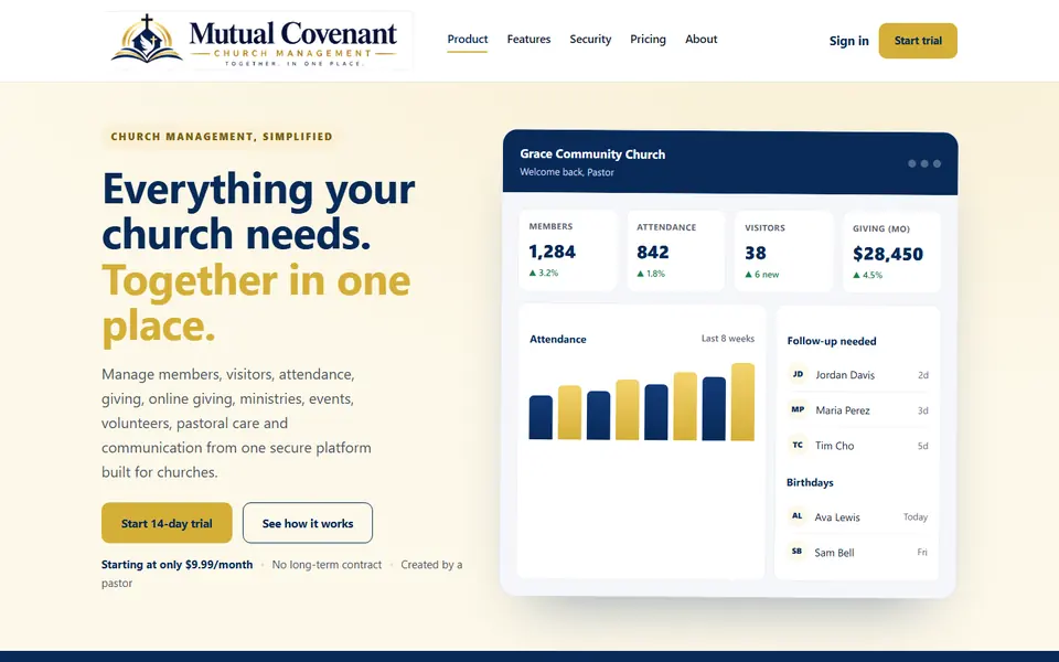 Mutual Covenant homepage for church management software