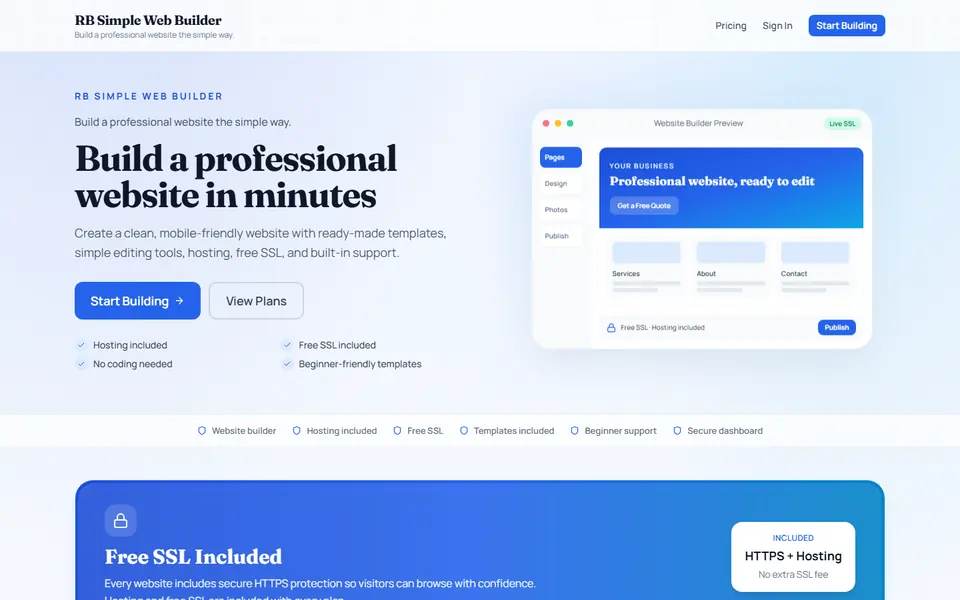 RB Simple Web Builder homepage for creating a website with templates, hosting, and free SSL