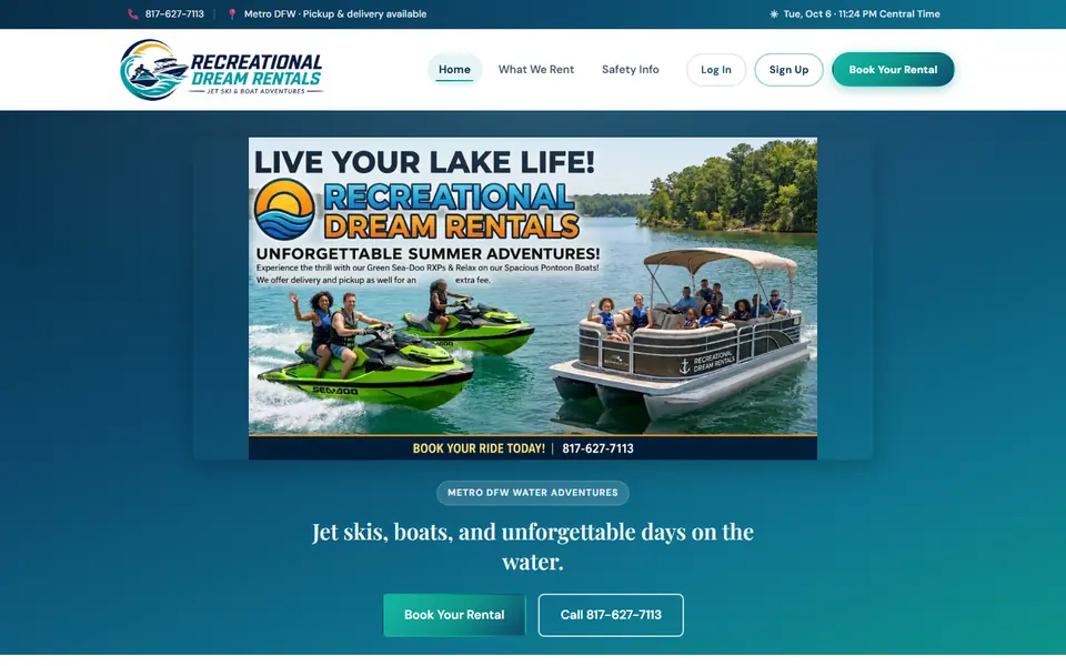 Recreational Dream Rentals homepage for jet ski and boat rentals