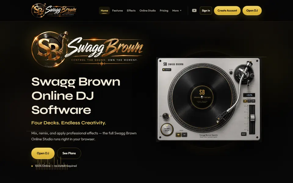Swagg Brown homepage for browser-based online DJ software