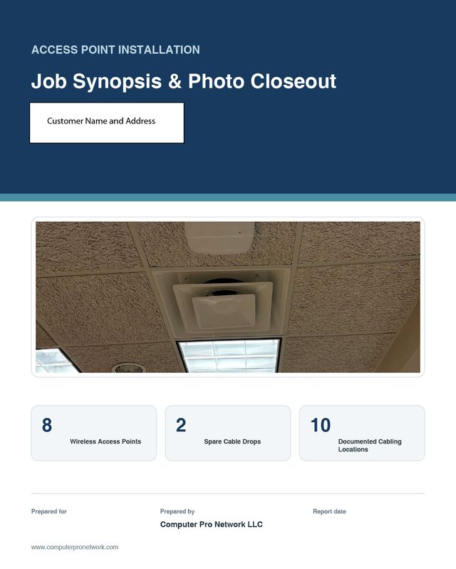Sample network closeout report cover for an access point installation showing 8 wireless access points, 2 spare cable drops and 10 documented cabling locations