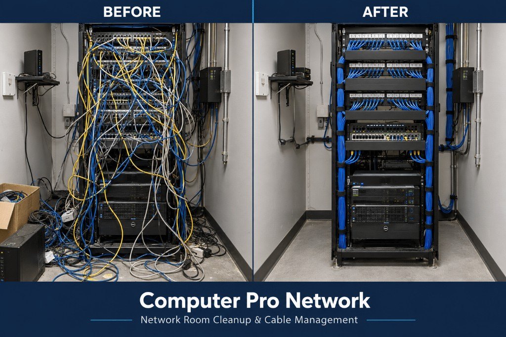 Real before-and-after photo of a Computer Pro Network network room cleanup. Before: loose yellow, blue, gray, and white cables hanging through the rack and across the floor. After: blue patch cables bundled along the rack, organized switches, and servers that can be reached.